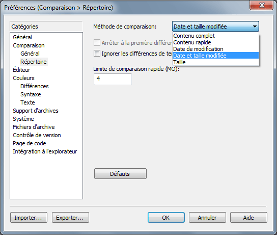 WinMerge : Préférences : Répertoire