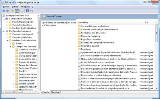 Editeur de stratégie de groupe locale : gpedit.msc 