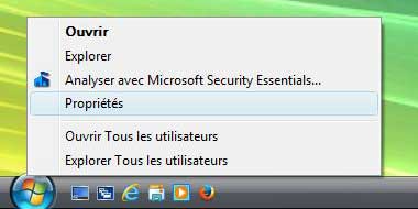Windows Vista : Propriétés du menu Démarrer