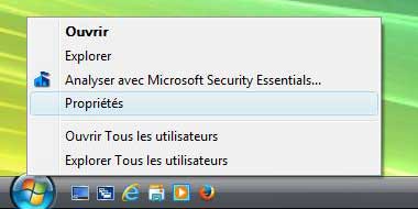 Windows Vista : Propriétés du menu Démarrer
