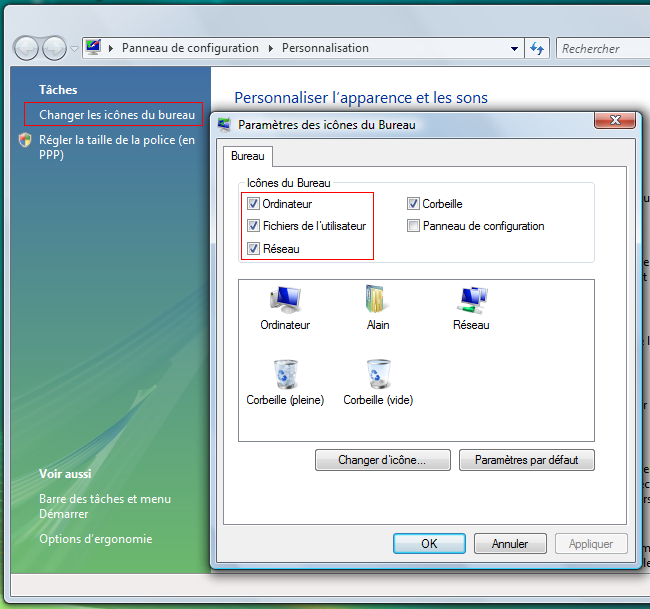 Affichage des icônes sur le Bureau : Windows Vista