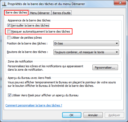 Windows 7 : Masquer la barre des tâches