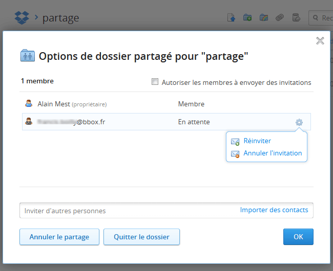 Dropbox : Partage dossier - Options