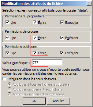 Filezilla : permissions de fichiers