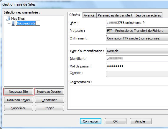 Filezilla : Gestionnaire de sites