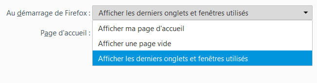 Firefox : Options : Démarrage
