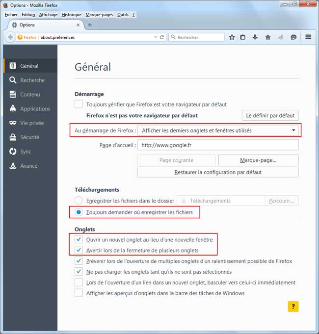 Firefox : Options