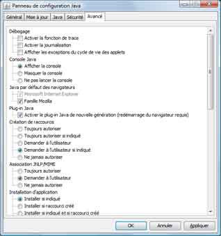 Java : onglet Avancé