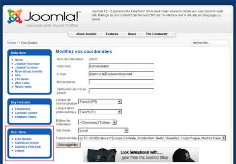 Coordonnées de l'utilisateur de Joomla