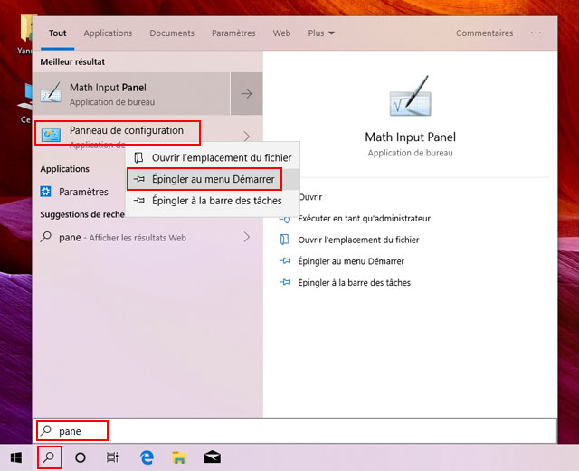 Wndows 10 : Epingler Panneau de configuration au menu Démarrer