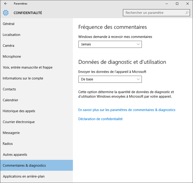Windows 10 : Paramètres, Confidentialité