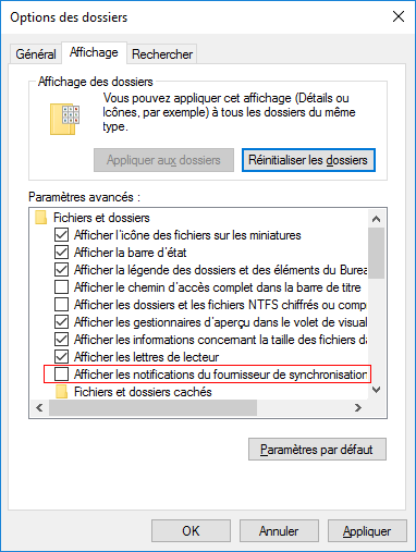 Windows 10 - Afficher les notifications du fournisseur de synchronisation