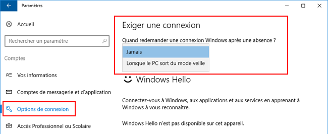 Windows 10 - Options de connexion