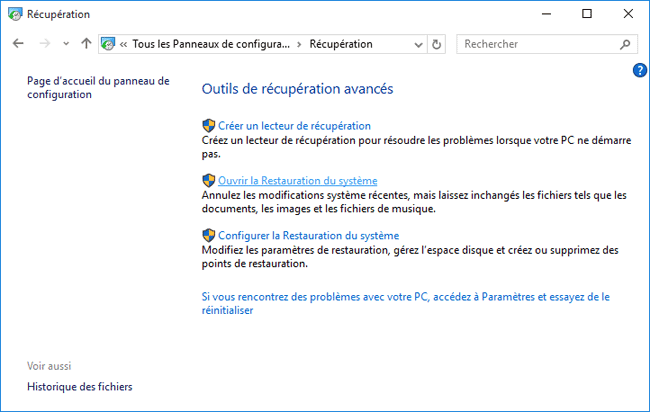 Panneau de configuration Récupération