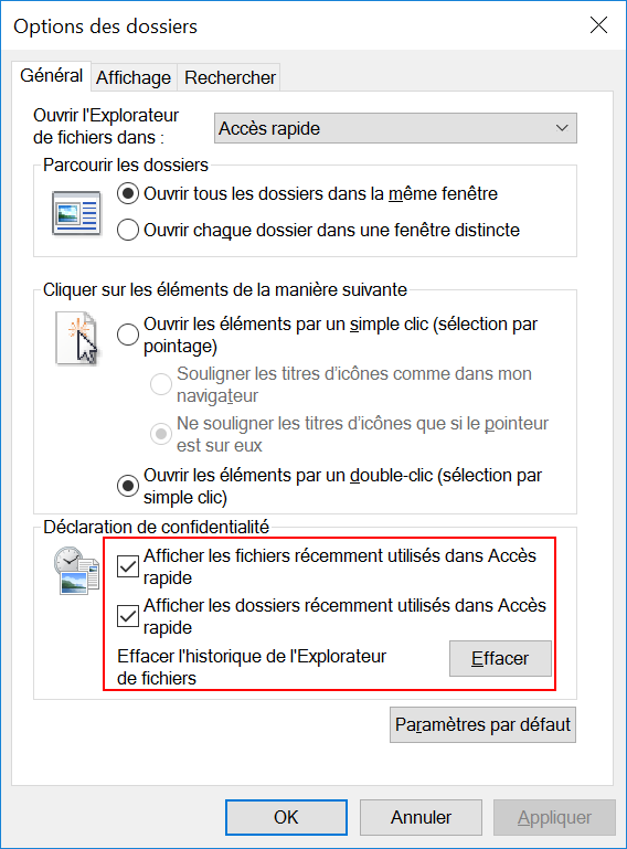 Windows 10 - Options des dossiers