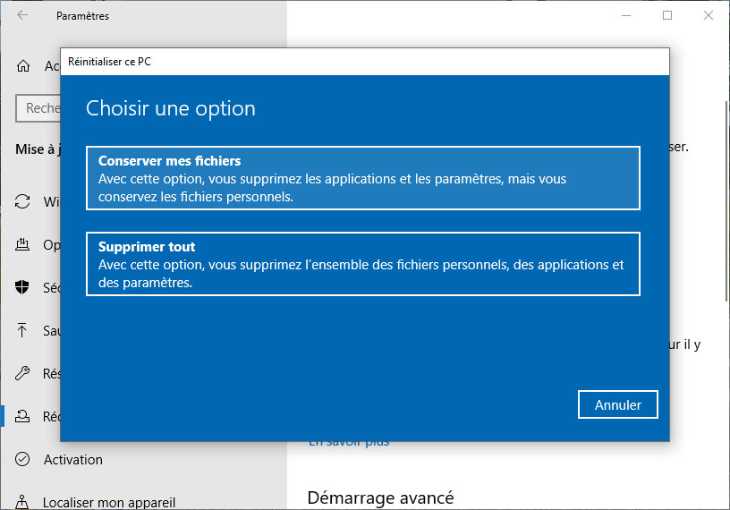Windows 10 : Paramètres - Mise à jour et sécurité - Récupération - Choisir une option