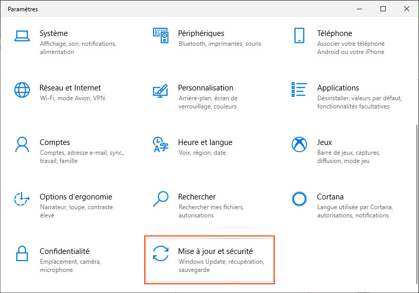 Windows 10 : Paramètres - Mise à jour et sécurité