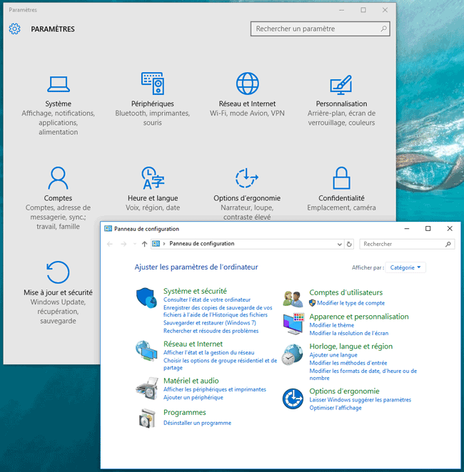 Windows 10 : Paramètres et Panneau de configuration