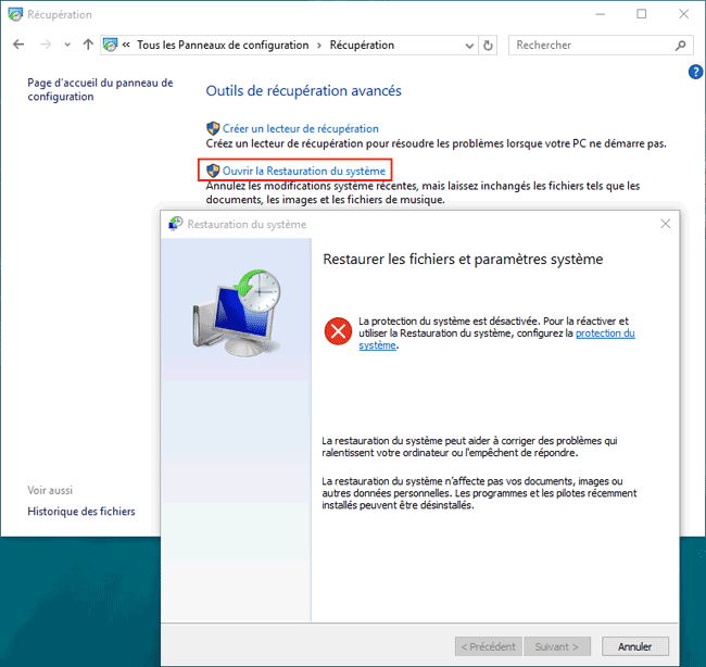 Windows 10 - Restauration système désactivée