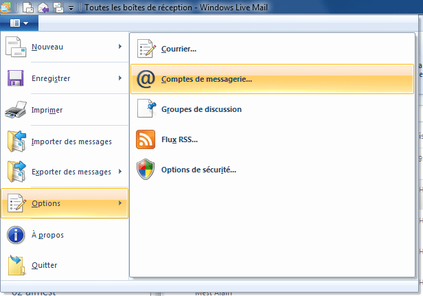 Mail : Options, comptes de messagerie