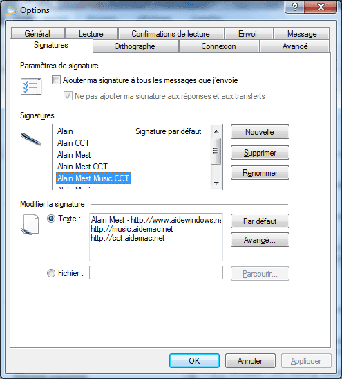 Windows Live Mail : Options, Signatures