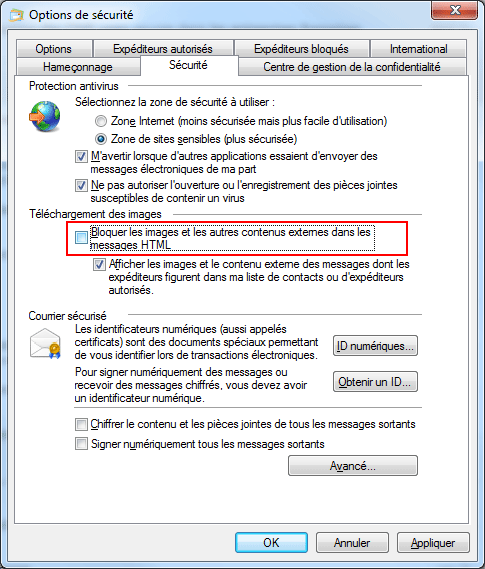 Windows Live Mail - Securité
