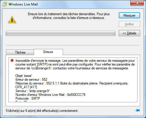 Windows Live Mail : Erreur 552