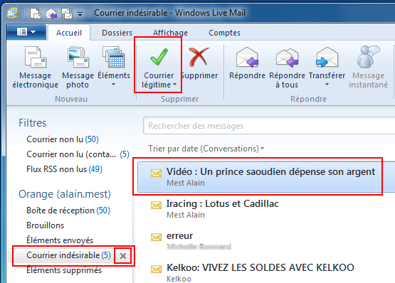 Windows Live Mail : Courrier indésirable
