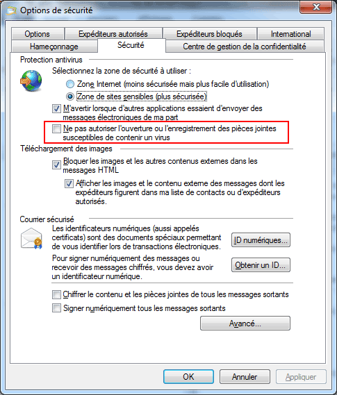 Windows Live Mail : Options de sécurité