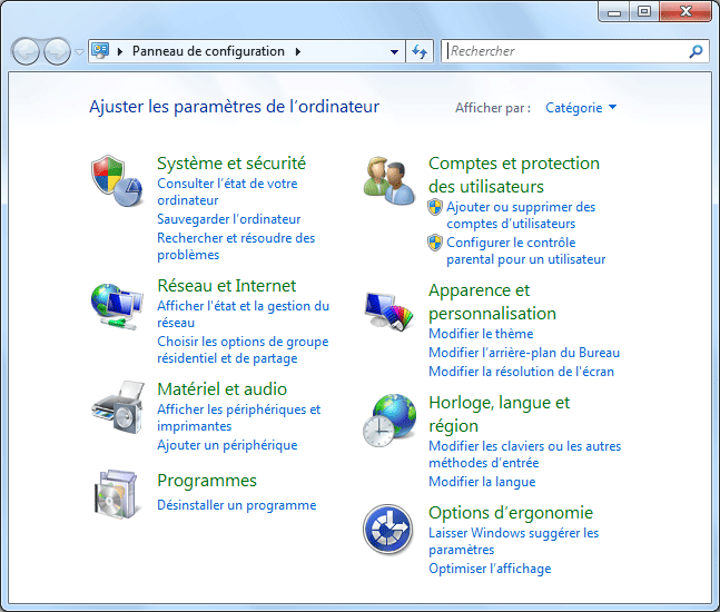 Panneau de configuration sous Windows 7
