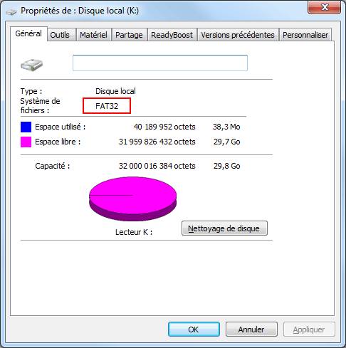 Propriétés : FAT 32