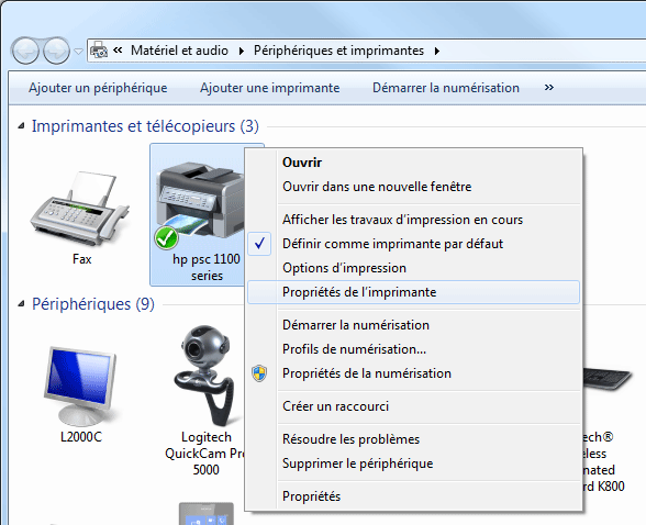 Windows 7 : Propriétés de l'imprimante