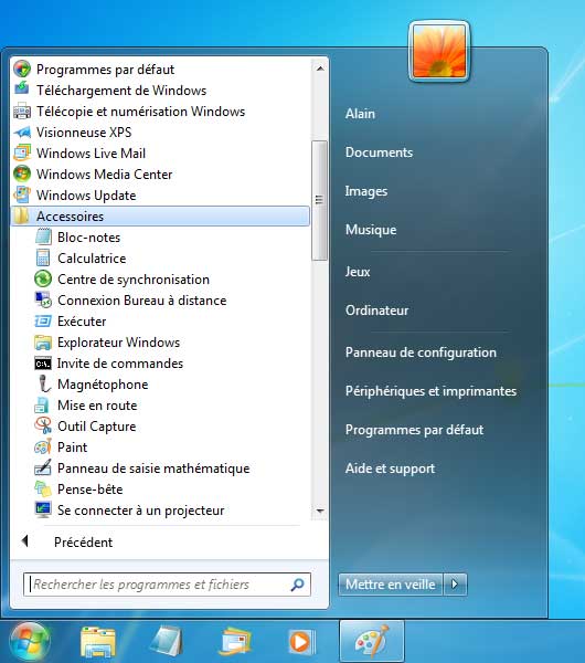 Windows 7 : menu Démarrer