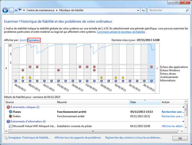 Windows 7 : Moniteur de fiabilité