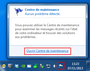 Windows 7 : Icone du Centre de maintenance