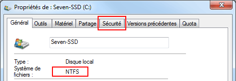 Windows 7 : Propriétés NTFS