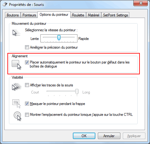 Windows 7  - Souris - Options du pointeur