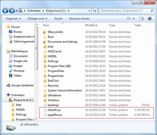 Windows 7 : hiberfil.sys et pagefile.sys