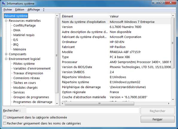 Informations système sous Windows 7
