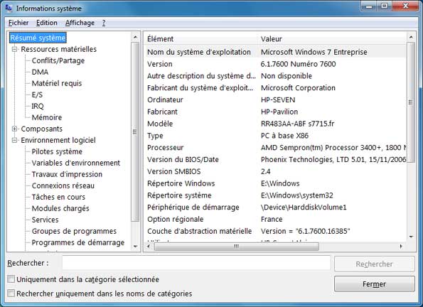 Informations système sous Windows 7