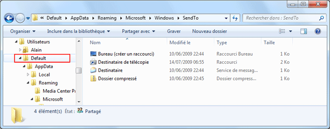 Windows 7 : Commande SendTo