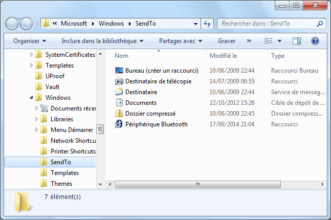 Windows 7 : Commande SendTo