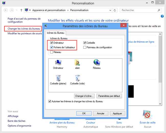 Windows 8 - Personnaliser - Icones du Bureau