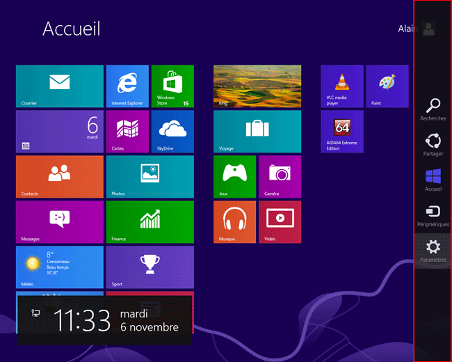 Windows 8 : bord droit