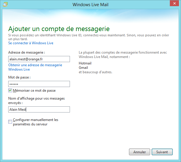 Windows Live Mail : Parmatérer compte mail