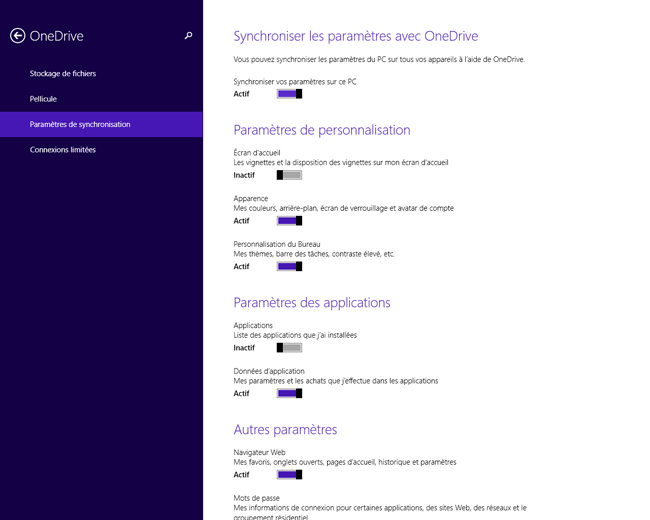 OneDrive dans Paramètres du PC