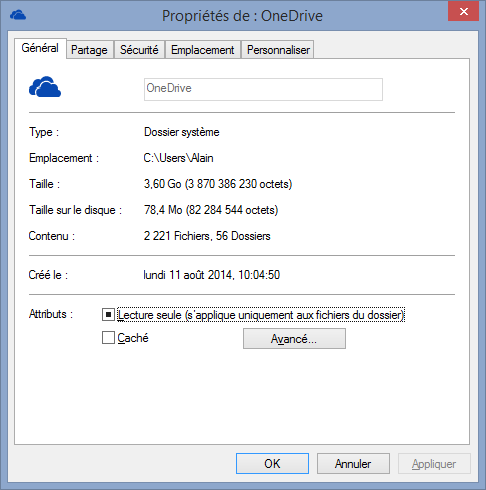 OneDrive - Windows 8.1 - Propriétés
