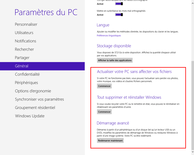 Paramètres du PC - Général