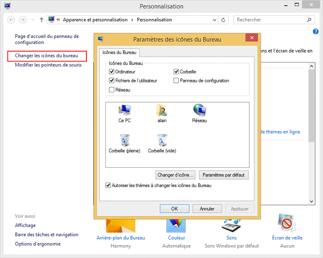 Windows 8 : Affichage des icônes du Bureau