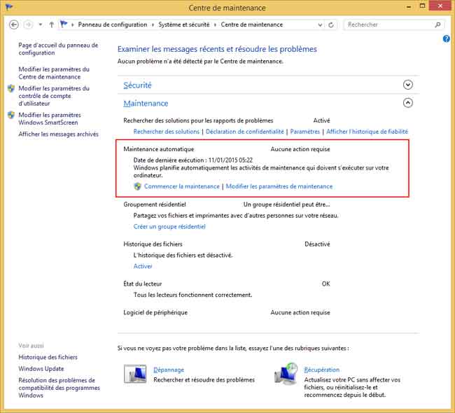 Windows 8.1 : Centre de maintenance
